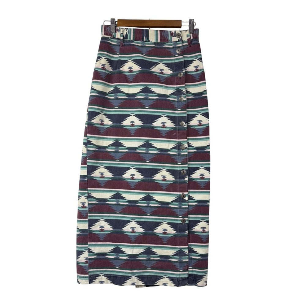 Vintage STAMPEDE Southwestern Geometric Aztec Denim Maxi Skirt Size 26"
